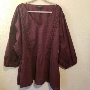 LANE Bryant Women's Burgundy Wine Swiss Dot Peplum Blouse Size 34/36